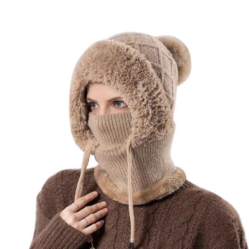 2in1 Winter Warm Ear Flap Scarf Hat Women Knit Hooded Balaclava Hat with Plush Liner Outdoor Activity Pullover Skull Hat