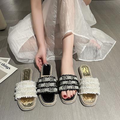 Pearl Flat Bottom Sandals Women Summer Outdoor Wear New Retro Square Head Tassel One Strap Soft Bottom Open Toe Slippers