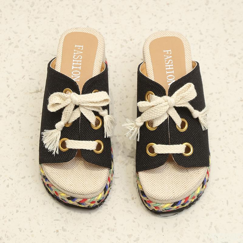 Women Summer Shoes 2026 Summer Lace Up Height Increase Wedge Slippers Women Plus Size Closed Toe Straw Platform Sandals Woman