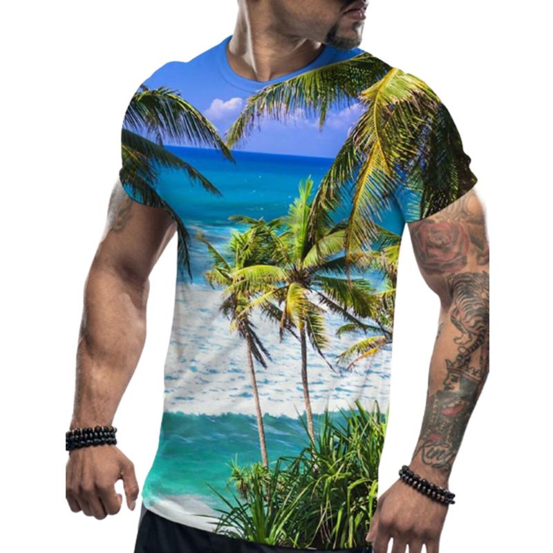 New Summer Men's Fashion T-shirt Personality Blue Crystal Lines Printed Men's T-shirt Top