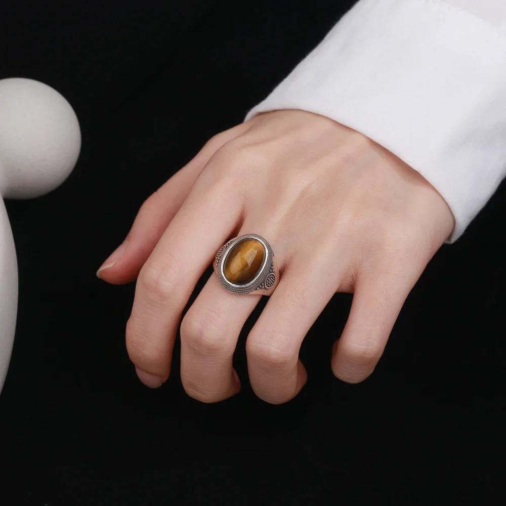 Silver Rings Large Natural 10x14MM Black Agate Ring for Women Men Silver Party Jewelry Tiger Eye Turquoise Lapis