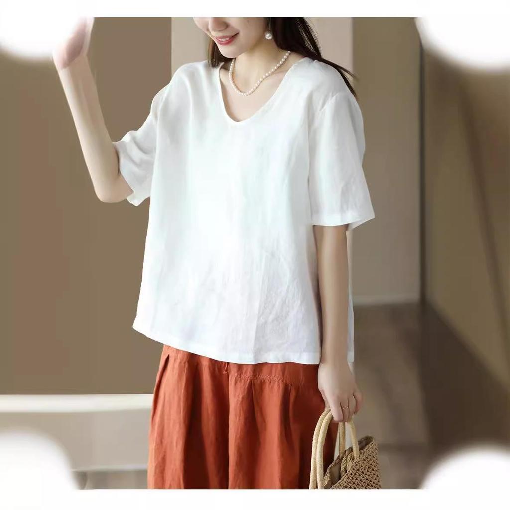 Damen Retro Baumwolle Leinen Übergröße Kurzarm Top - Schlankmachend, Vielseitig, Einfarbiges Freizeit-T-Shirt