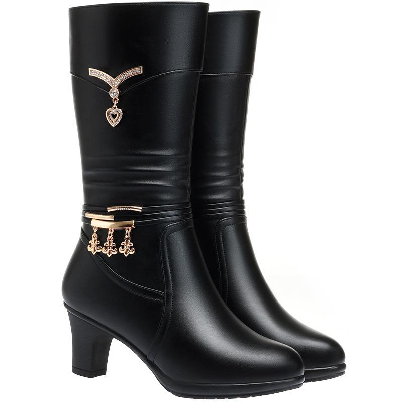 Women Comfortable Fleece Medium Boots Autumn Winter New Style Thick Heel Side Zipper Pointed Fashion High Heels Boots Elegant
