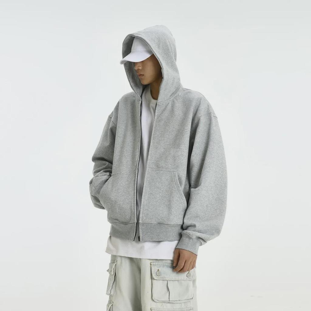 Unisex Retro Gray Hooded Sweatshirt with Double Zipper - Perfect for Spring & Autumn