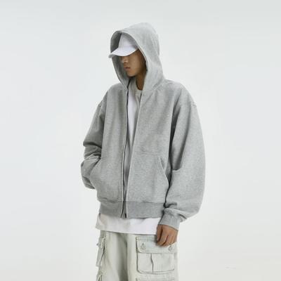 Unisex Retro Gray Hooded Sweatshirt with Double Zipper - Perfect for Spring & Autumn