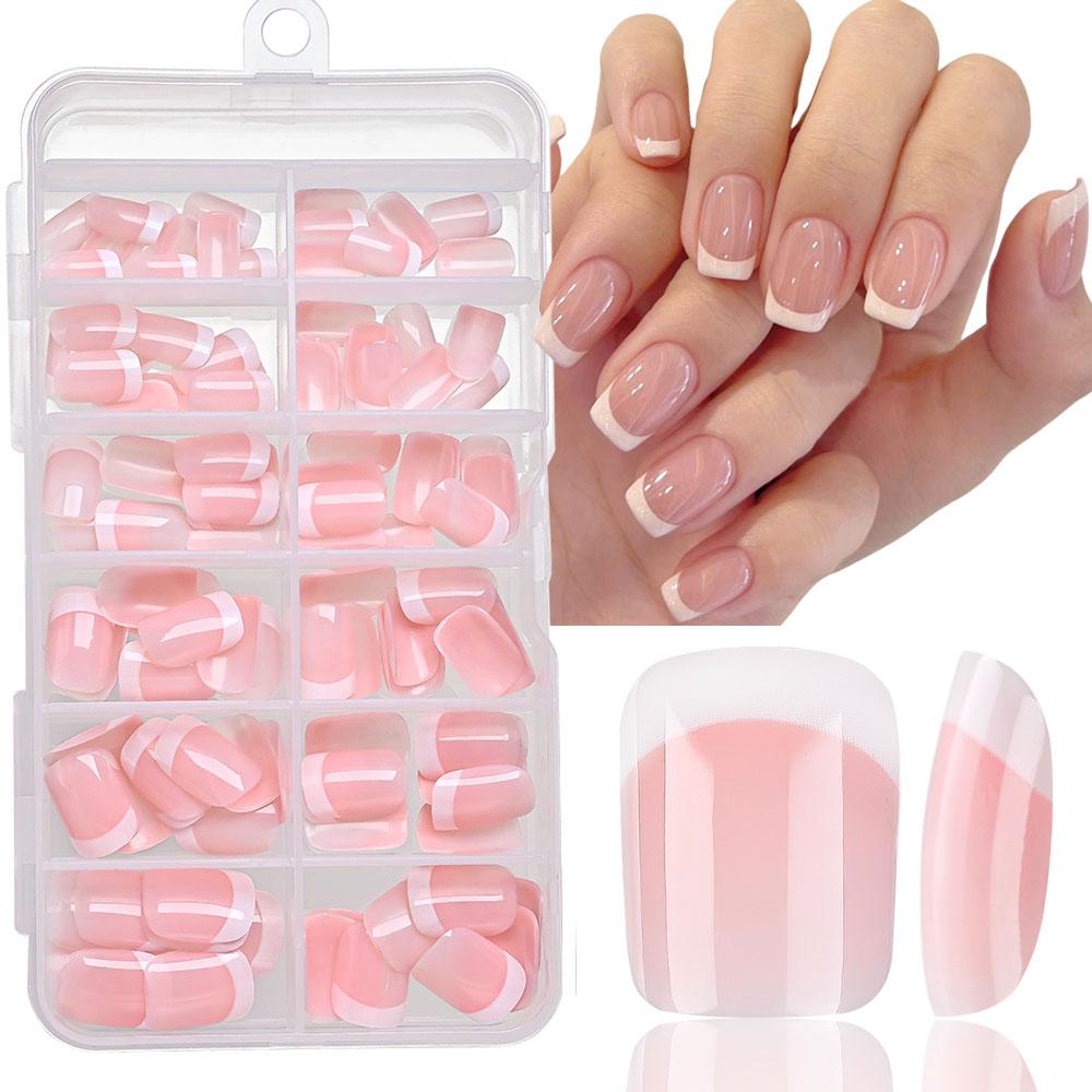 120 Pièces Ongles Press-On Carrés Courts Roses Faux Ongles Français Blanc Brillant Réutilisables Couverture Complète Pointe d'Ongle Français Rose Semi-transparente