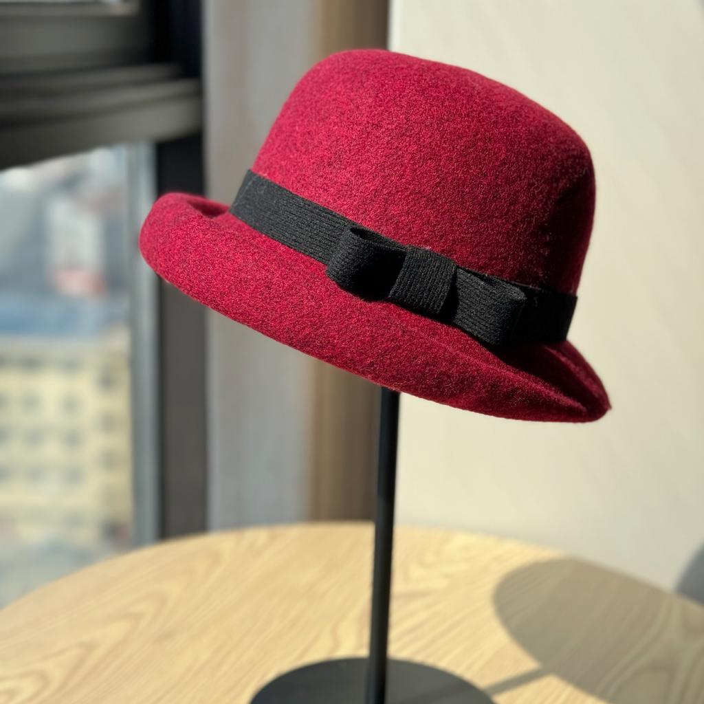 French High End Curled Woolen Mother's Hat for Women Retro Bow Fisherman Hat Autumn and Winter Rich Style Hat
