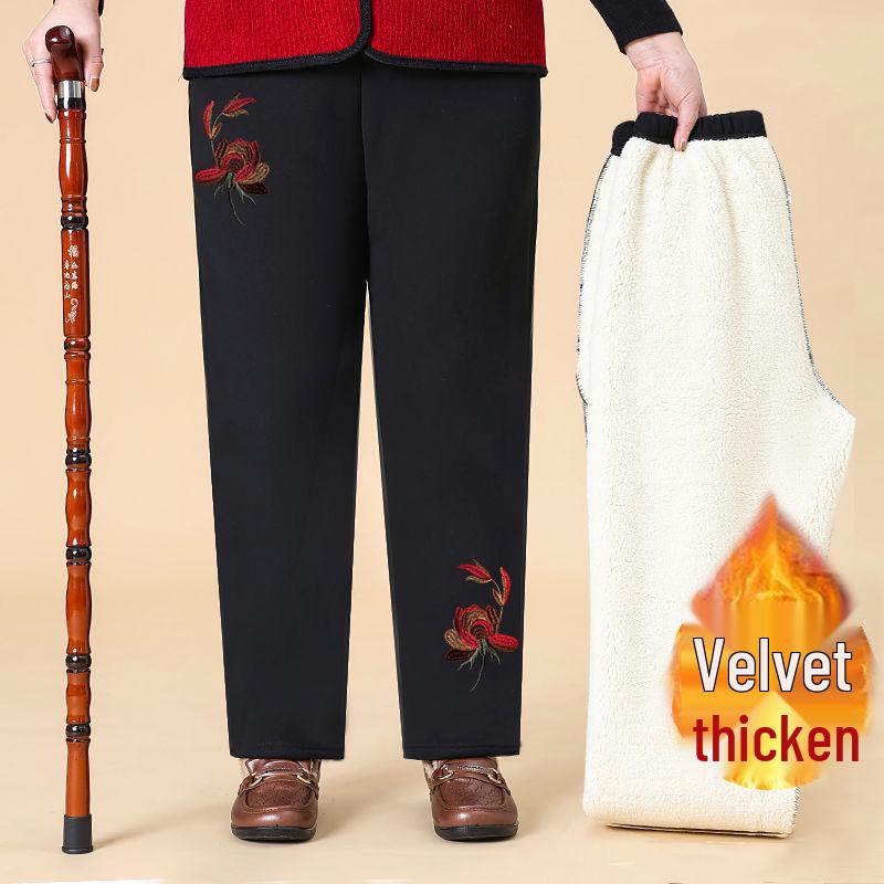 Women's Winter Embroidered Floral Cotton Pants, Loose Fit, Elastic Waist, for Middle-Aged & Elderly, Plus Velvet, Straight-Leg.