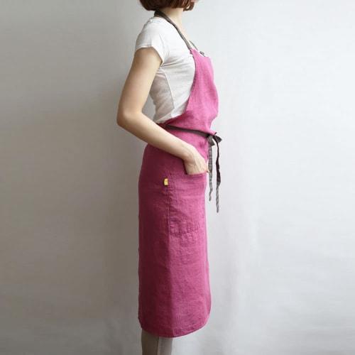 Lino e Lina Manon A266 Magenta Full Apron, Perfect for Kitchen, Men's and Women's, Solid Linen, Simple, Long Length