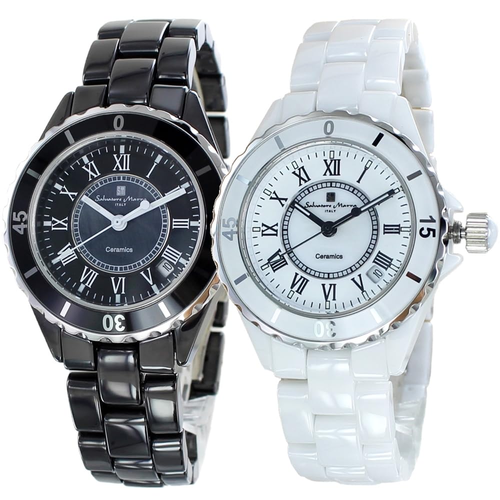 Salvatore Marra Pair Ceramic Bracelet Watch Set SM23103-BKR/WHR Unisex Black & White Calendar Function