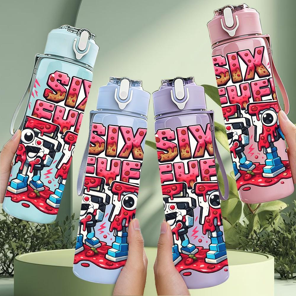 1PC Six Seven Comic Graffiti Design 750ml Color Plastic Sports Water Bottle Leakproof Flip Straw Lid Suitable for Sports Office Home Use