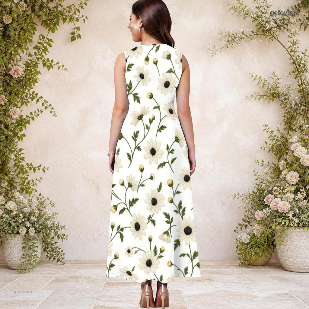Women Plus Size Round Neck Sleeveless White Blue Floral Printed A Line Maxi Dress With Side Pockets