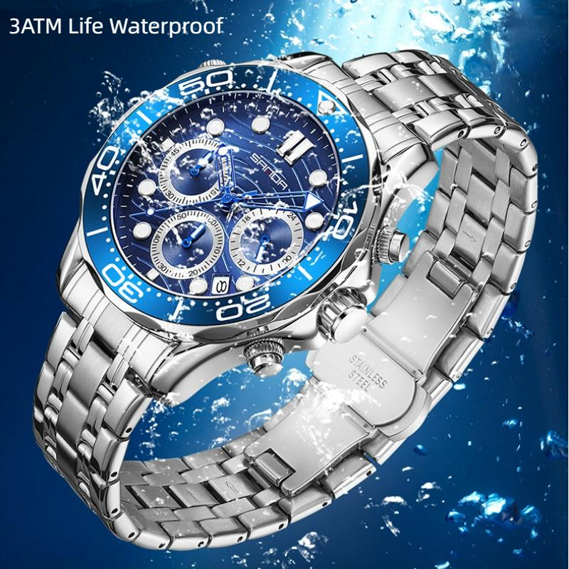 SANDA Brand Men's Quartz Watch Multi Functional Timing Waterproof Calendar Night Light Men's Stainless Steel Watch