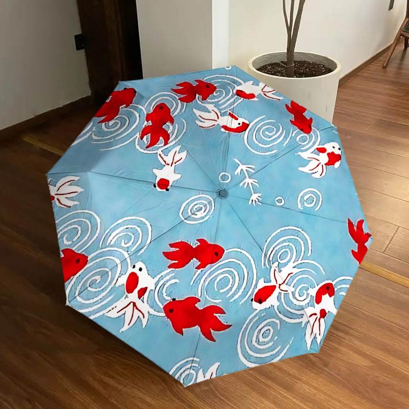 1pc Goldfish Pond Pattern Automatic Folding Umbrella, 8-Rib Durable Frame, Durable Foldable Design - Elegant Gift for Commute yy251210051
