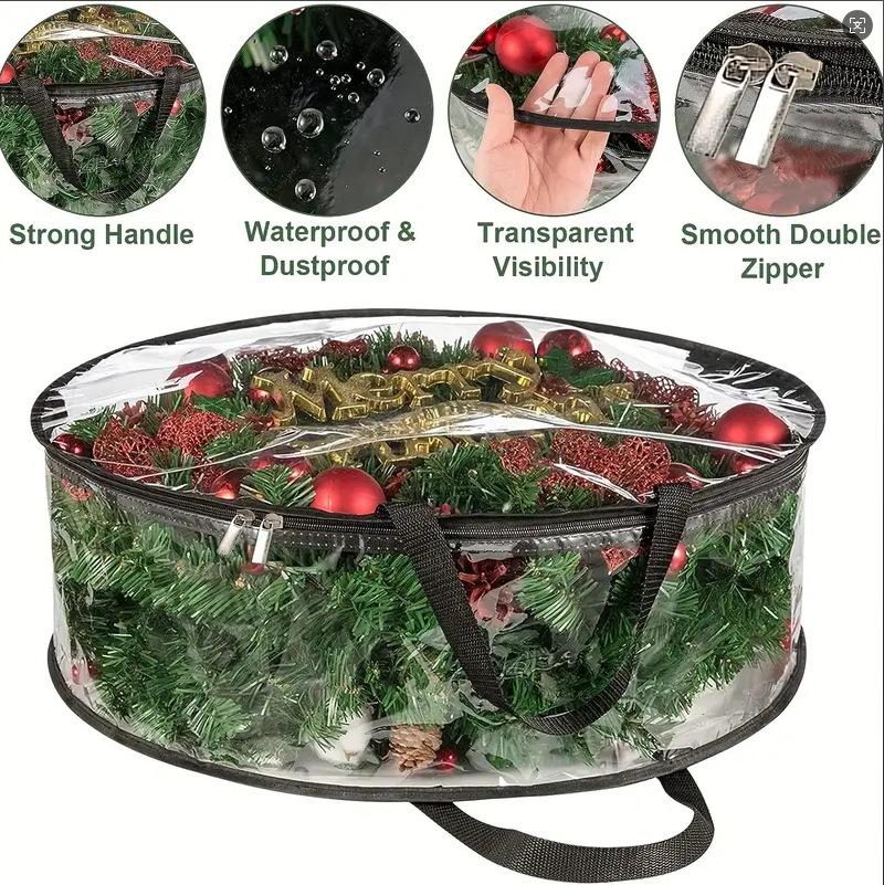 Folding Christmas Wreath Storage Bag With Handle Transparent Cover Tear Resistant Clean Up Holiday Carry Organizer Container