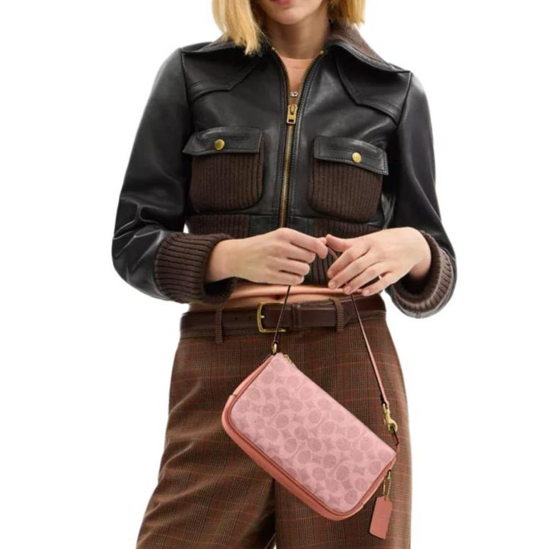 Coach Plaza Print Design Gold Chain Hardware Coated Canvas And Calfskin Shoulder Bag Women shoulder bag Melon-Pink CCC42-B4YU2