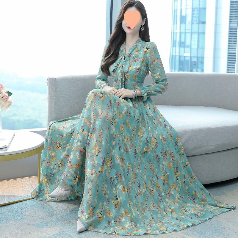 Spring Autumn Mom Dress With Waistcinch Vneck Long Chiffon Skirt For Commuting And Office