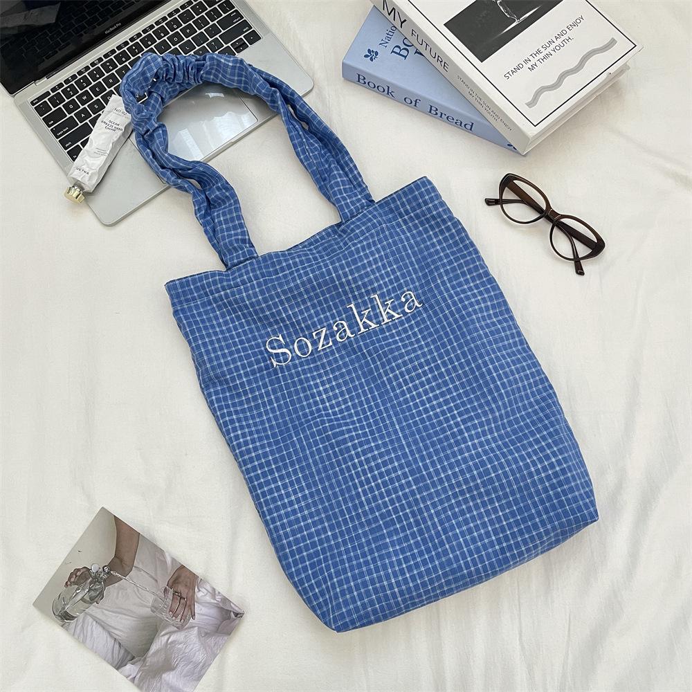 

Sweet Canvas Bag Tote Bag Autumn Large Capacity Fashion Printed Plaid Contrast Shoulder Bag синий