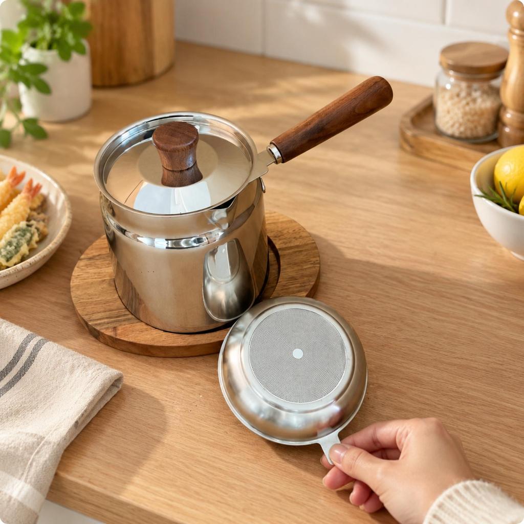 Stainless Steel Frying Pot Uncoated with Wooden-Look Handle Stovetop