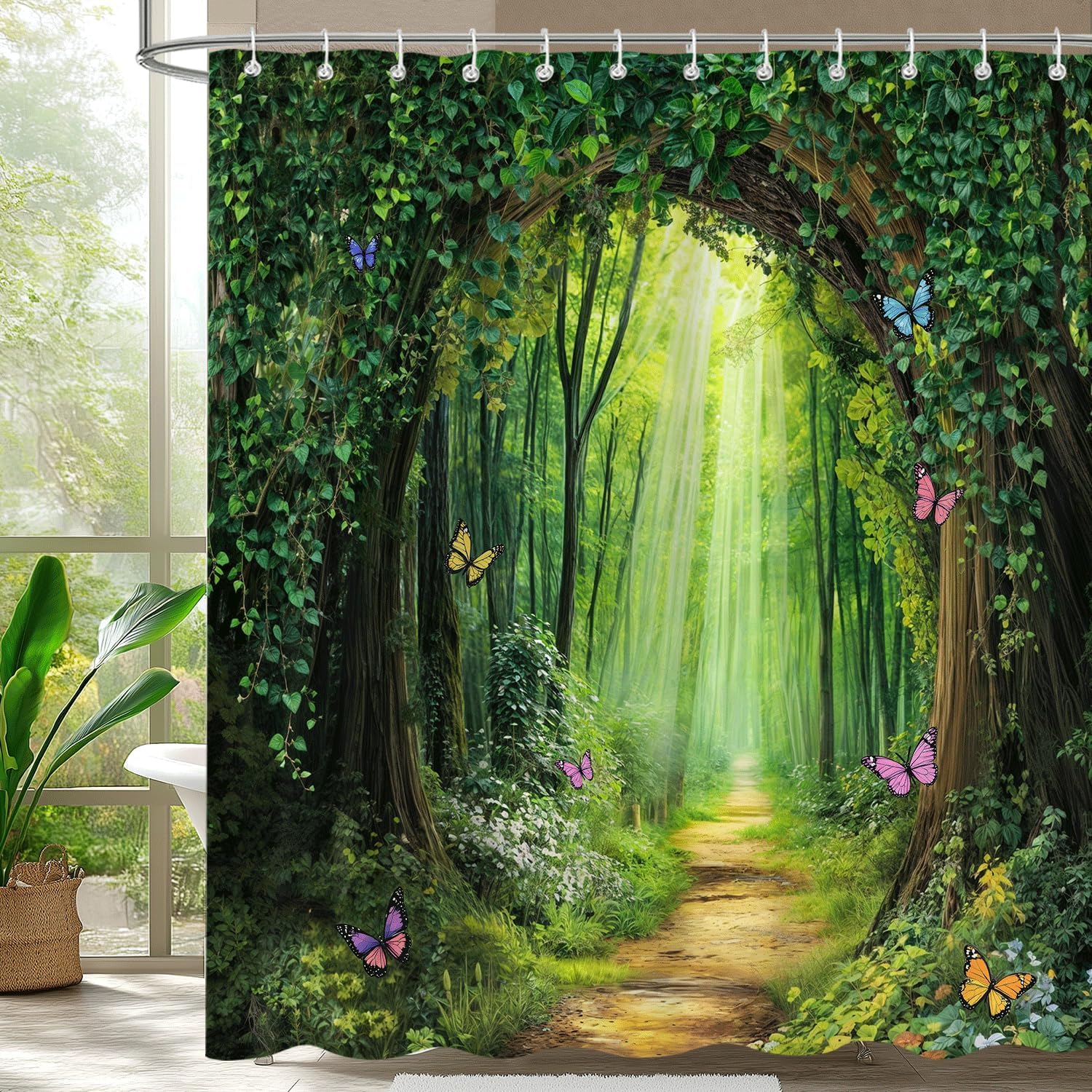 Botanical Shower Curtain With Hummingbirds And Butterflies, White With Green Leaves Shower Curtain Set, Floral Design Bathroom W60H190(CM)-1 Pcs
