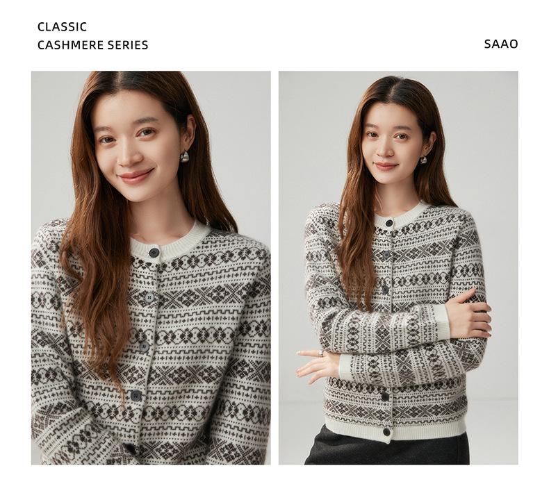 Women's Winter 2026 Fair Isle Cashmere Jacquard Cardigan – Thick, Warm, Versatile Round Neck Outerwear