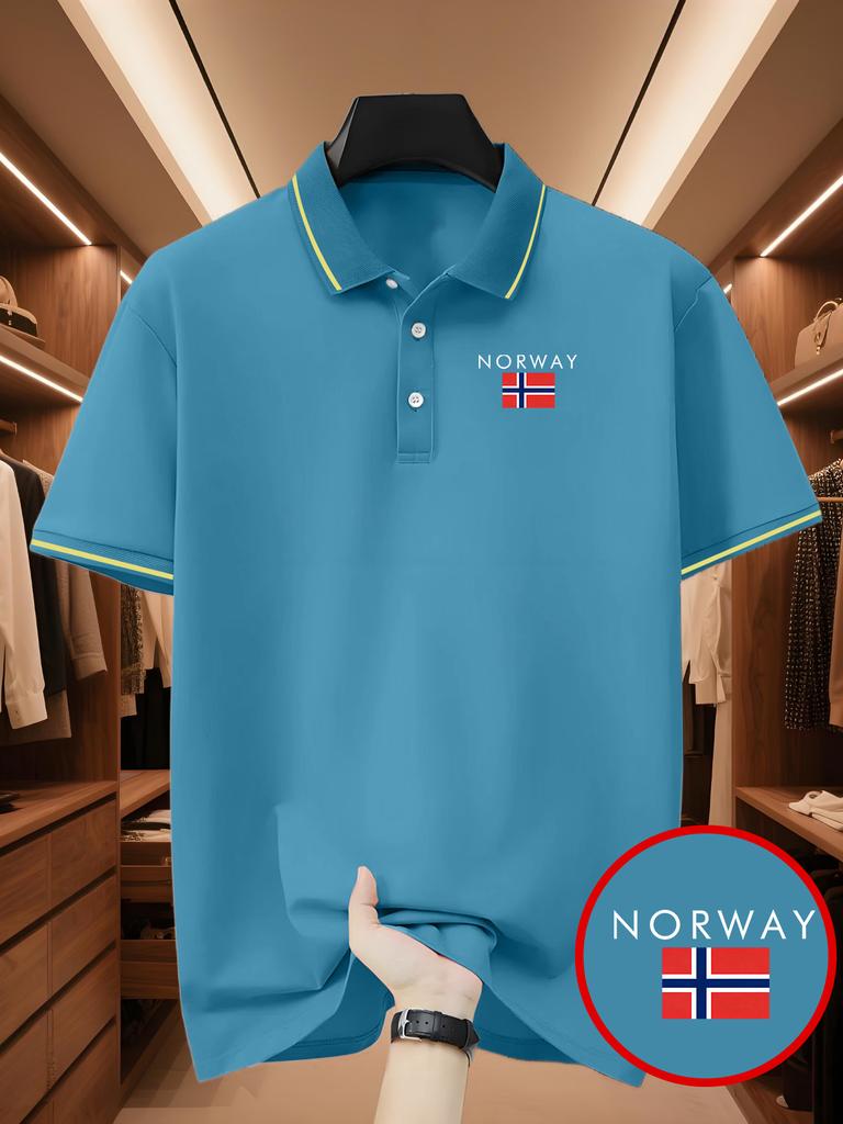 Men's Outdoor Golf Polo Shirt with Norwegian Pattern Print, Simple Polo Shirt, Business Casual T-Shirt - Short Sleeve & Collar, Daily Casual Wear
