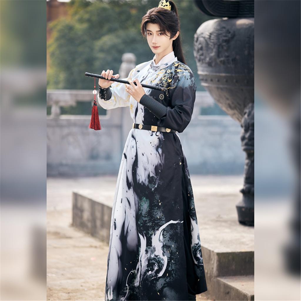 Chinese Tang Dynasty Style Round Neck Robe And Hanfu Daily Printed Suit For Handsome Male And Female Knights