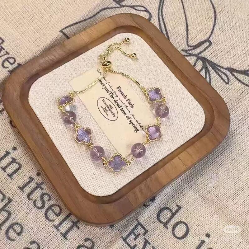 Natural Amethyst Citrine Clear Quartz Rose Four Leaf Clover Charm Bracelet Women 2025 Floral Style