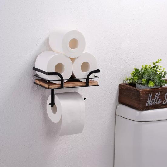 Rustic Farmhouse Toilet Paper Holder with Shelf Strong Load-bearing Tissue Rack Storage Wooden Shelf Bathroom Accessories