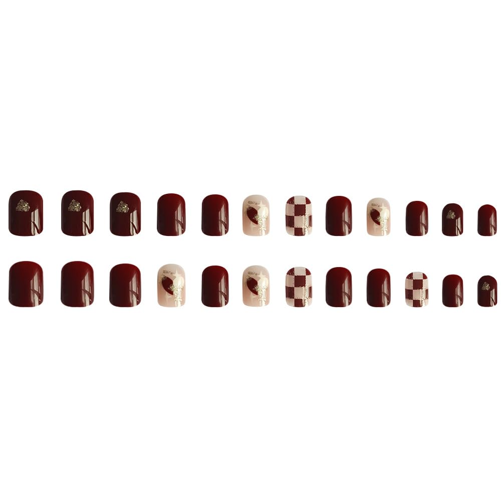 Secret Lives Glossy Reusable Artifical Fake False Press On Nails for Women Red Color with Check Design Long Lasting 24 PCS Set with Kit