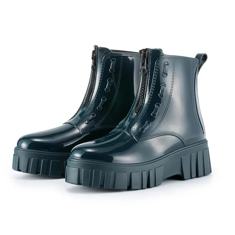 Fashion Mid Tube High Top Motorcycle Rain Boots  Women's Anti Slip and Wear-resistant Rain Shoes  Women Fashion Punk Thick Soled Shoes