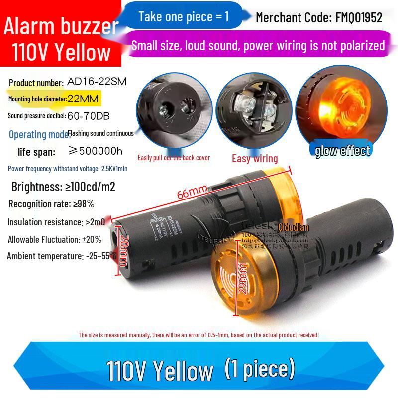 Buzzer with Intermittent Sound and LED Flashing Alarm AD16-22SM, Compatible with AC/DC 12V-220V