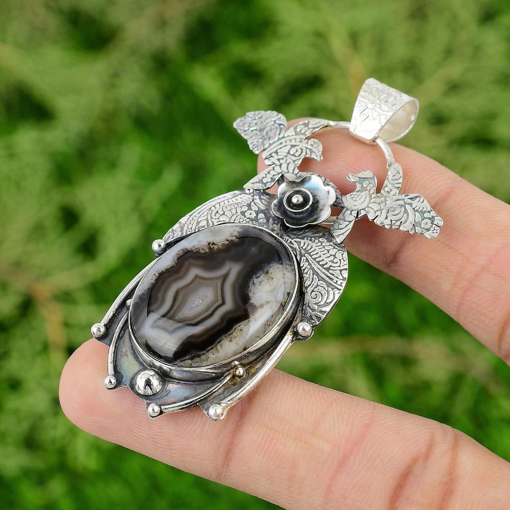 Sisters Day Sale Oval Botswana Agate Stone Sterling Silver Elegant New Pendant