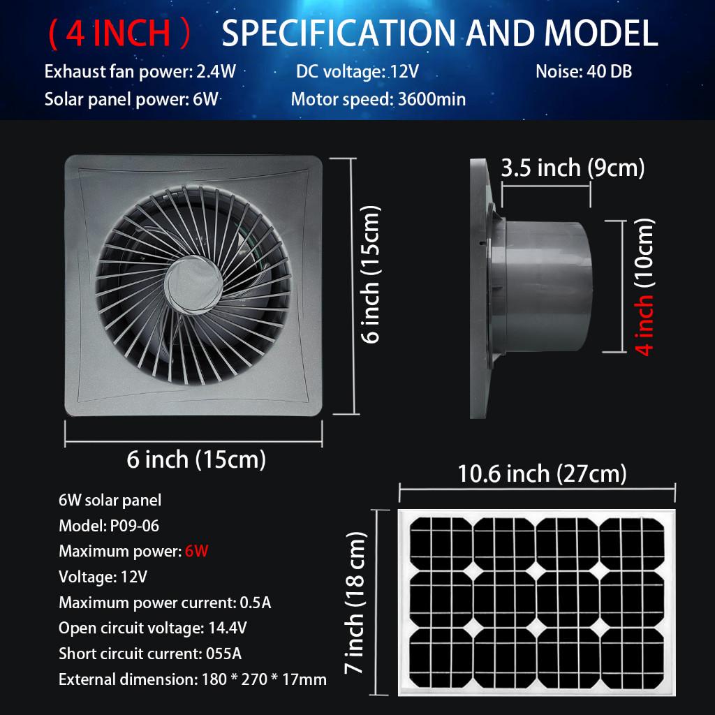 4/6/8 Inch Exhaust Fan Solar Panel Air Suction Fan High Speed Greenhouse or Pet House Air Circulation Ventilation Fan