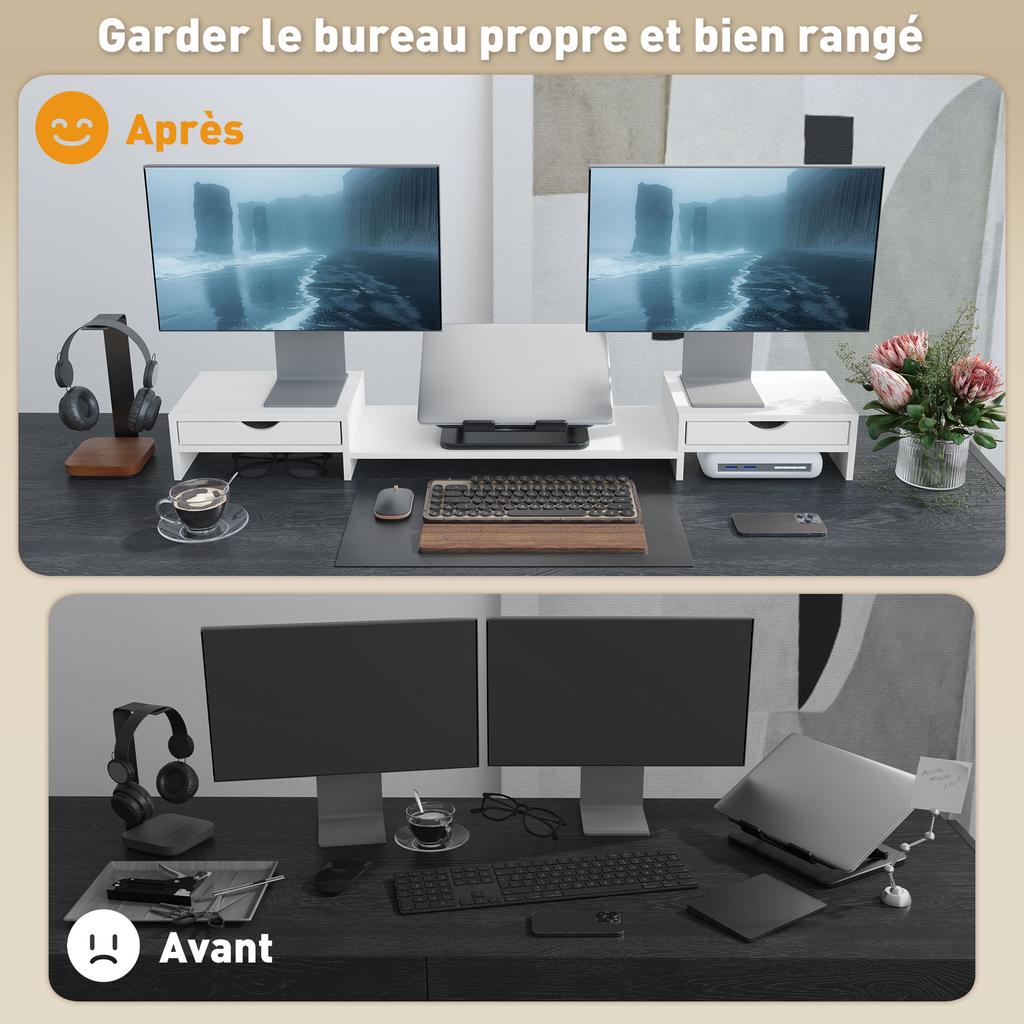 PC Screen Riser Desk Computer Monitor Stand 60-116 Cm with 2 Drawers, Adjustable Length and Angle