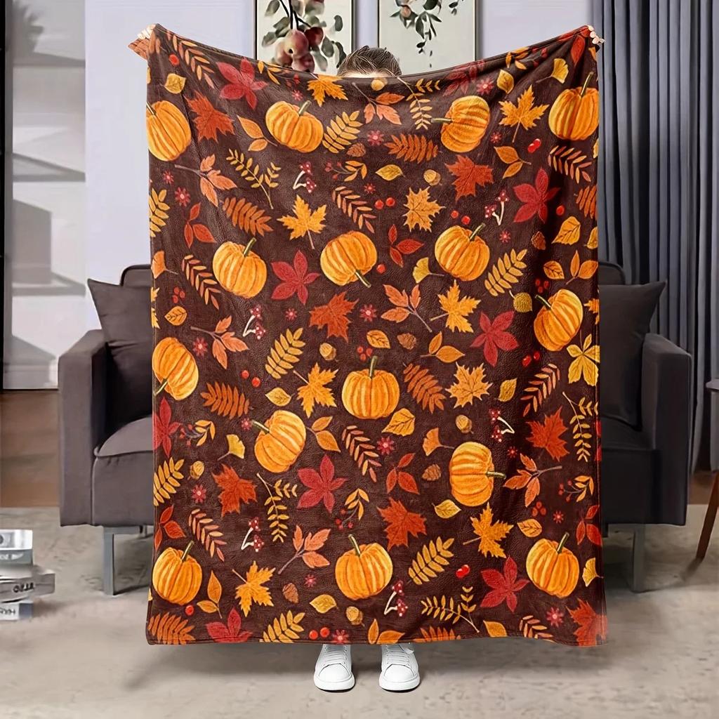 Erntedank-Kuscheldecke – Gemütlicher Kürbis, Truthahn & Herbstlaub mit „Thanksgiving“-Text, für Sofa, Bett, Herbst-Wohnkultur