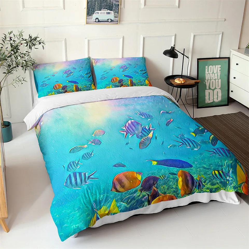 Comforter Ocean Blue Sea Fish 3D Printed Kids Bedding Set Queen King Nordic Ocean Landscape Soft Polyester Comforter