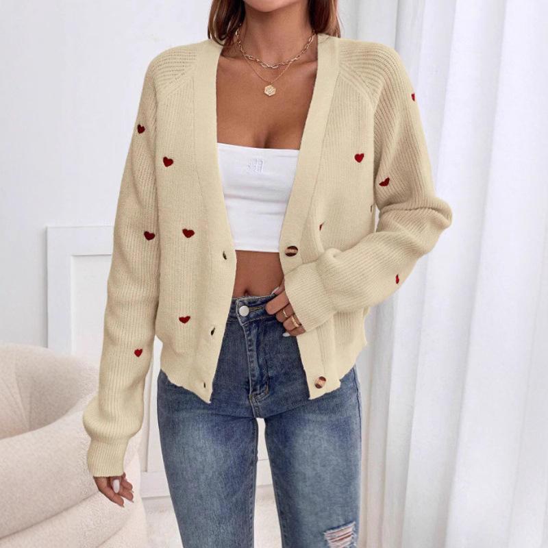 European and American knitted tops autumn and winter women's clothing fashion red heart jacquard V-neck sweater women's versatile long-sleeved jacket