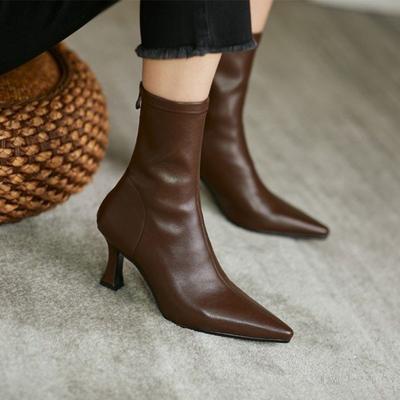 High Quality Soft PU Leather Women Boots Thin High Heel Pointed Toe Zipper Chelsea Short Boots Dress Pumps Boots Women