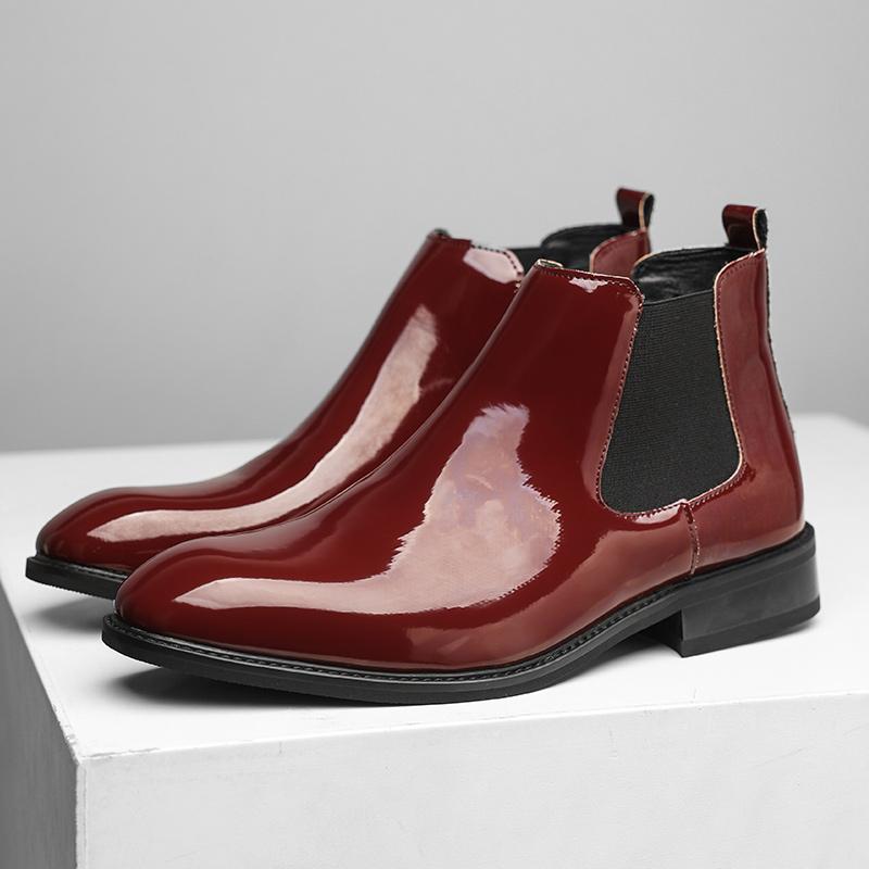 Fashion Chelsea Boots for Men Patent Leather Black Buckle Ankle Round Toe Business Classic Handmade Men Short Boots Botas De Hombre
