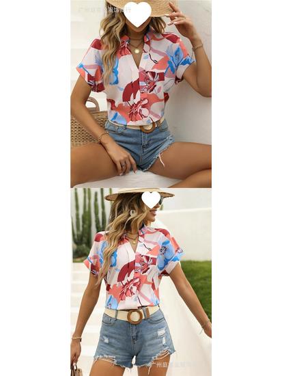 Women's Colorful Floral Print V-Neck Short-Sleeve Top - Summer Fashion
