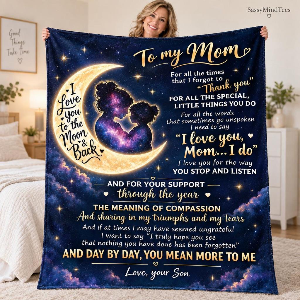 Personalized To My Mom Blanket from Daughter, Mom Gift from Daughter, I Love You Mom Fleece Throw Blanket, Moon and Stars Mother Blanket