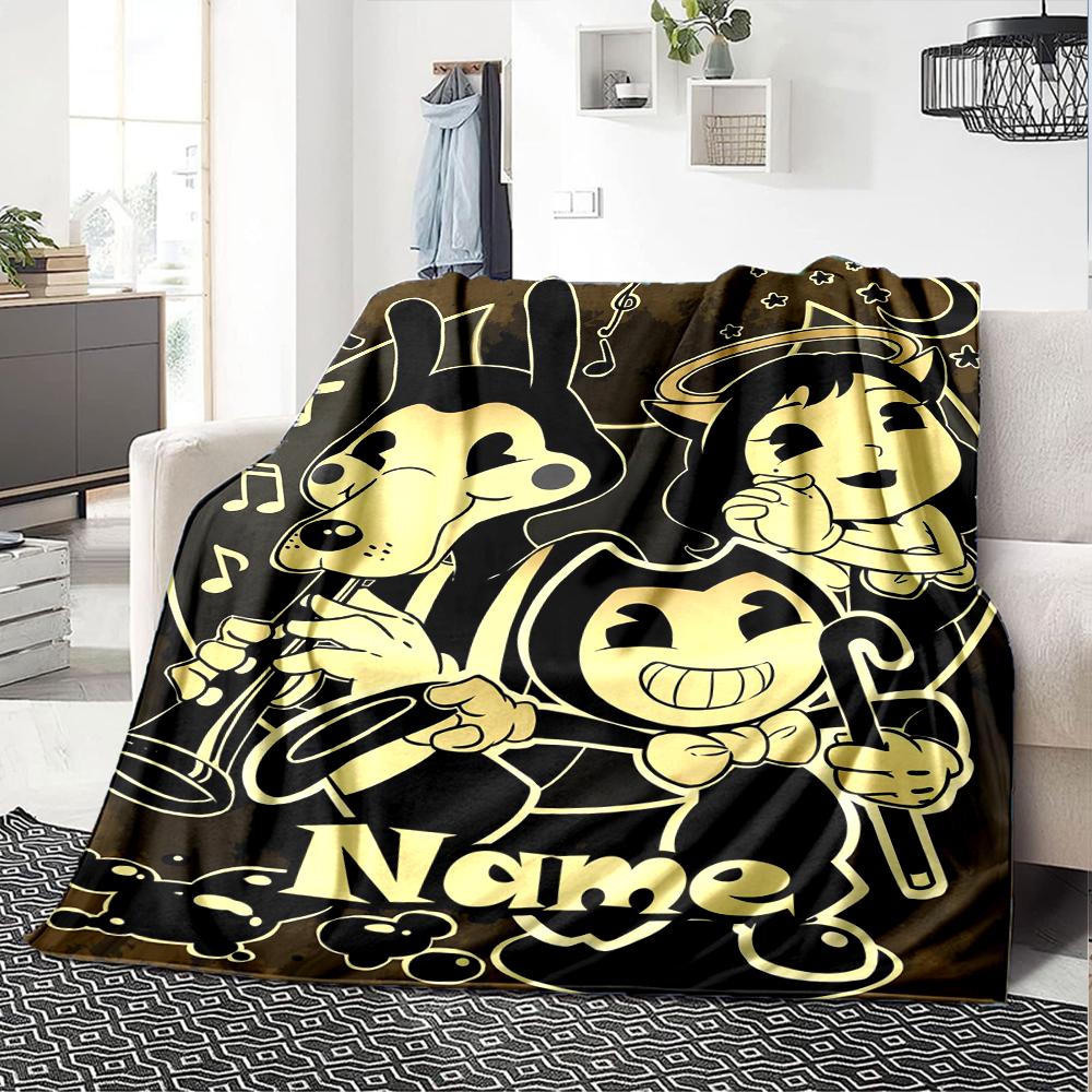 Custom Name Bendy and the Ink Machine Theme Printed Blanket - Perfect for Couch, Bed, Travel & Outdoor Use | Machine Washable, Cozy & Durable.