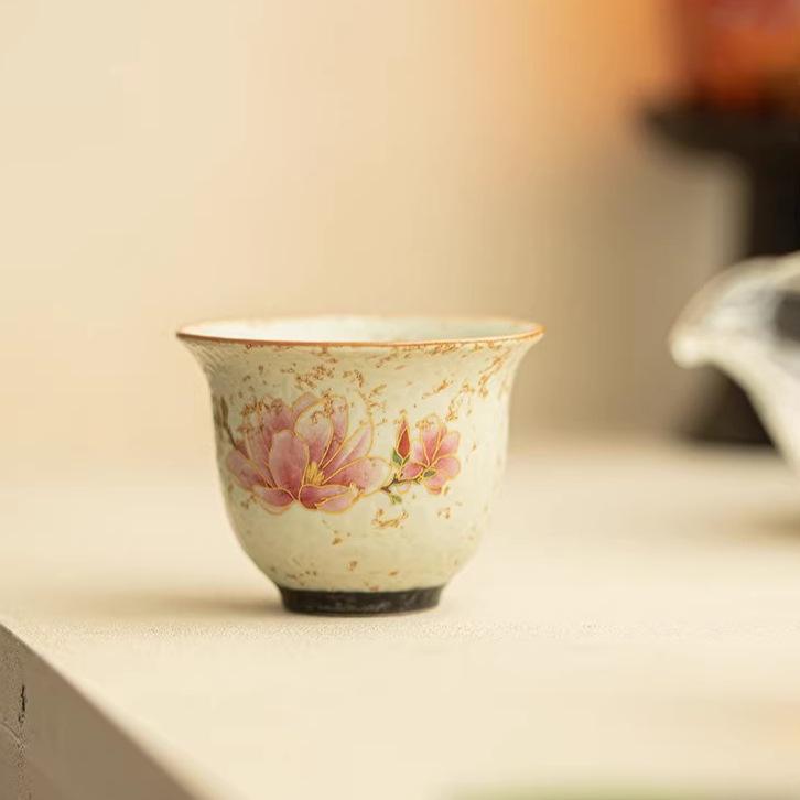 Chinese Style Blue & White Tea Cup with Red Magnolia Bird Design - Small, Anti-Scald Ceramic for Home Use