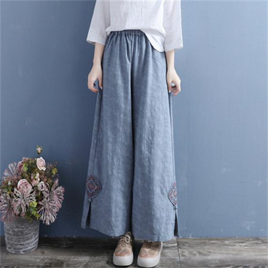 

2026 Spring/Summer Retro Jacquard Wide-Leg Cropped Pants with Embroidery Frog Buttons. L [Recommended 105-120 jin] циан/синий