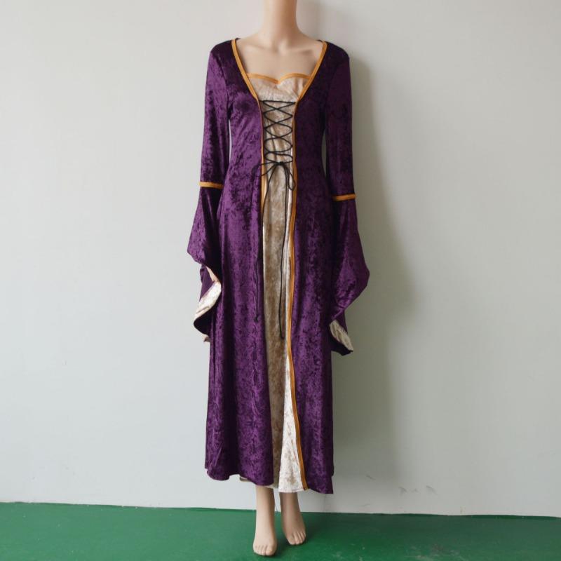 European and American Style Gold Velvet Lap-up Trumpet Sleeves Vintage Medieval Long Dress Dress