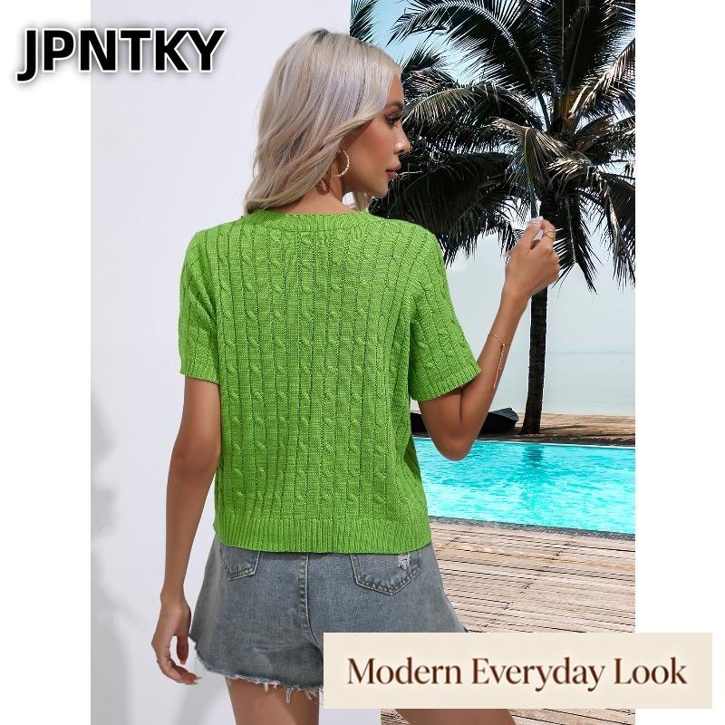 JPNTKY Women's Fashion Casual Solid Color Print Short Sleeve O-Neck Blouses & Shirts