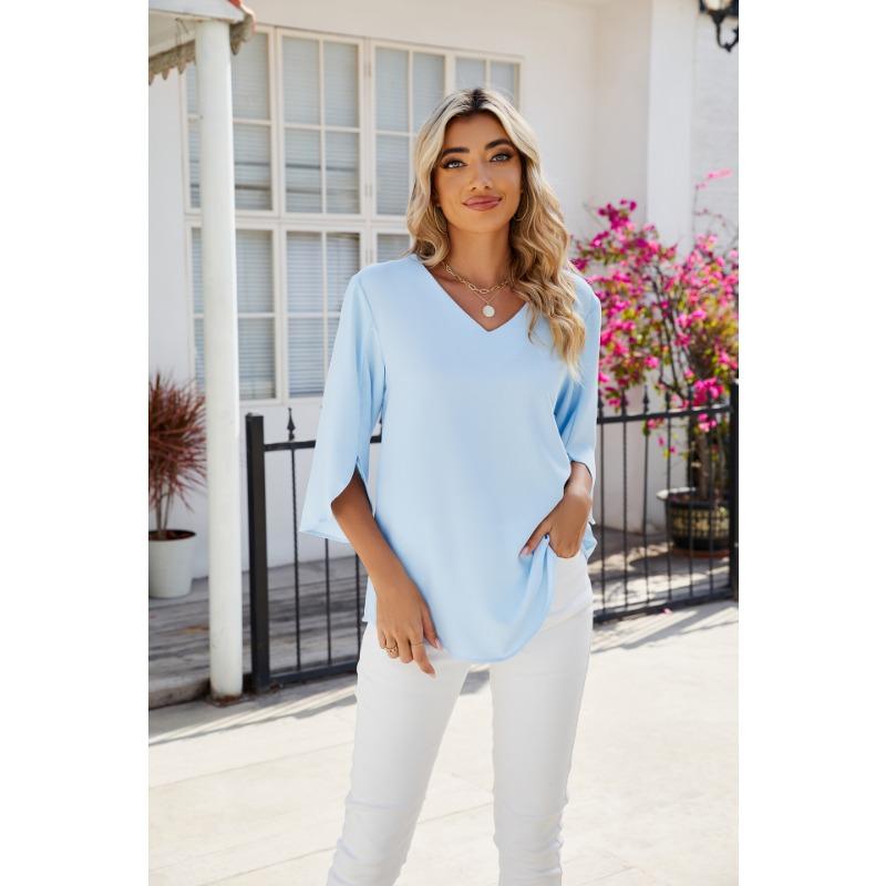 Summer Women T-shirt New Solid Color V-Neck Mid Sleeve Loose Short Sleeve Top