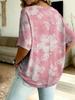 French romantic pink large flower print T-shirt, plus size V-neck ethnic style for women