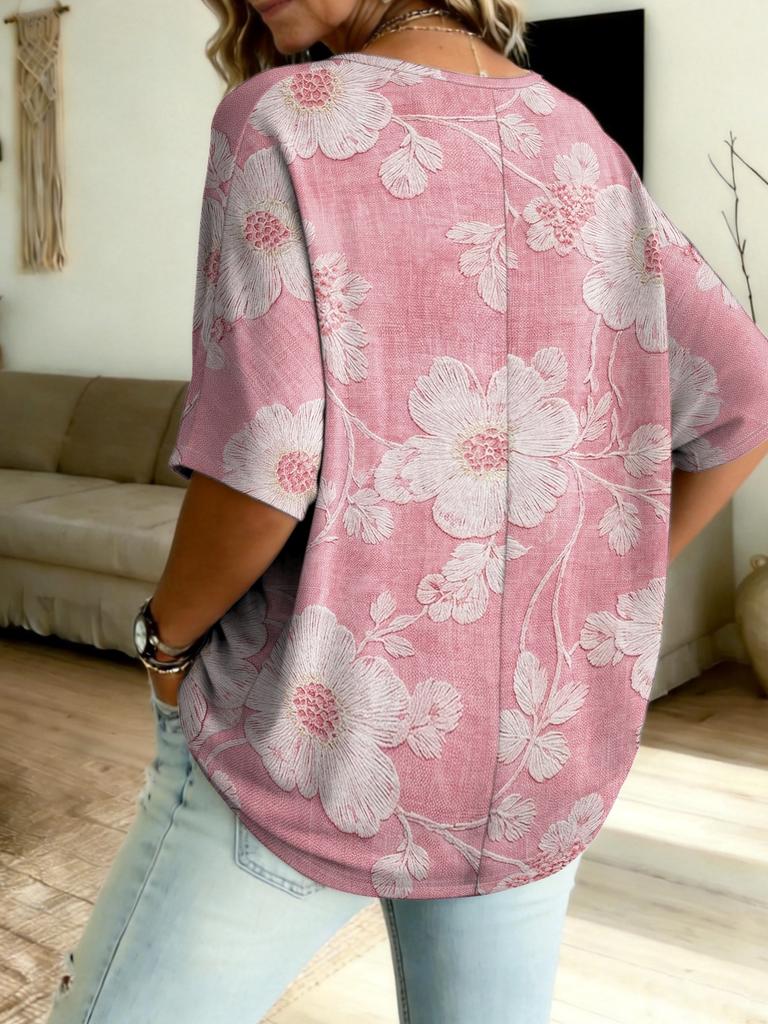 French romantic pink large flower print T-shirt, plus size V-neck ethnic style for women
